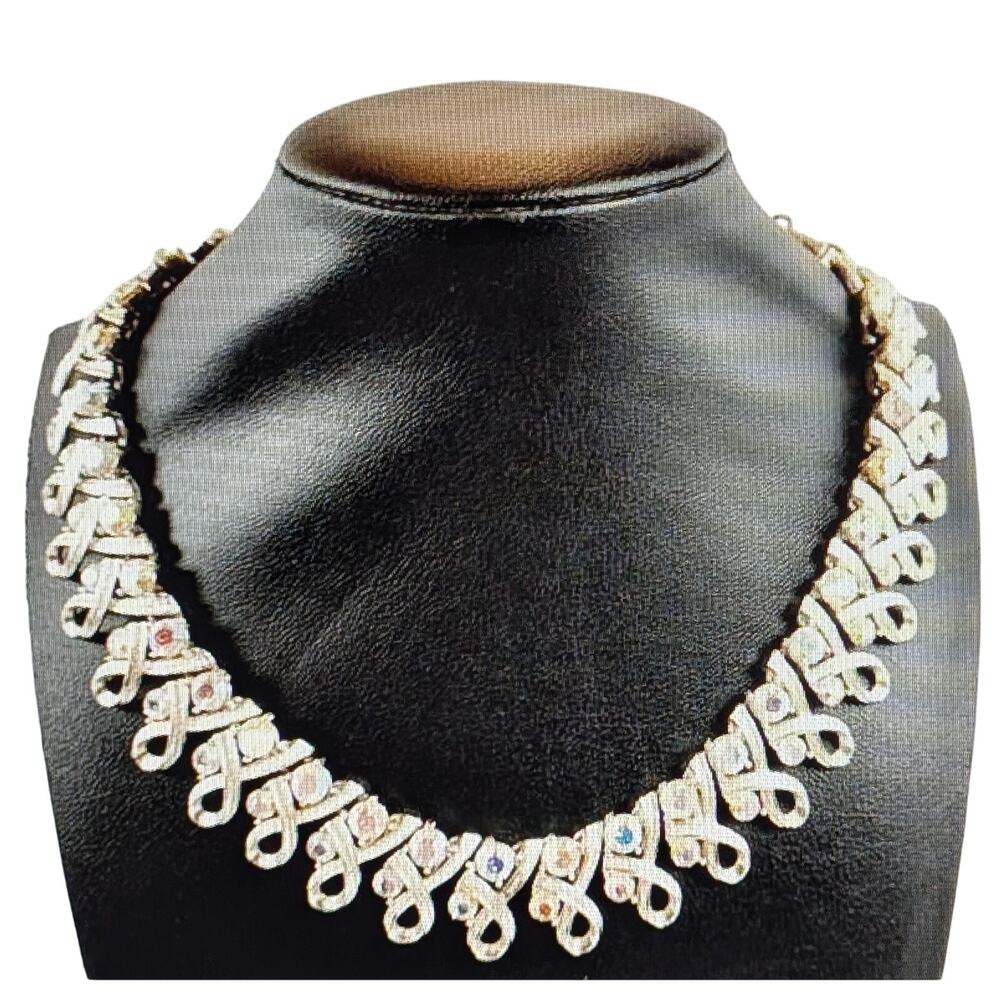 Vintage Coro 1950s Aurora Borealis Rhinestone Ribbon Link Necklace